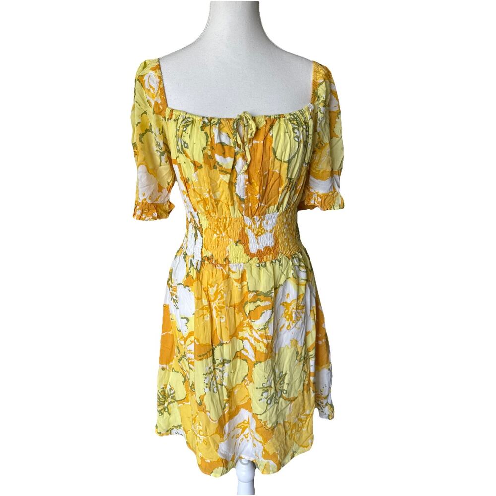 Faithfull the Brand Lecco Mini Dress Yellow & White Puff Sleeve Cinch Waist